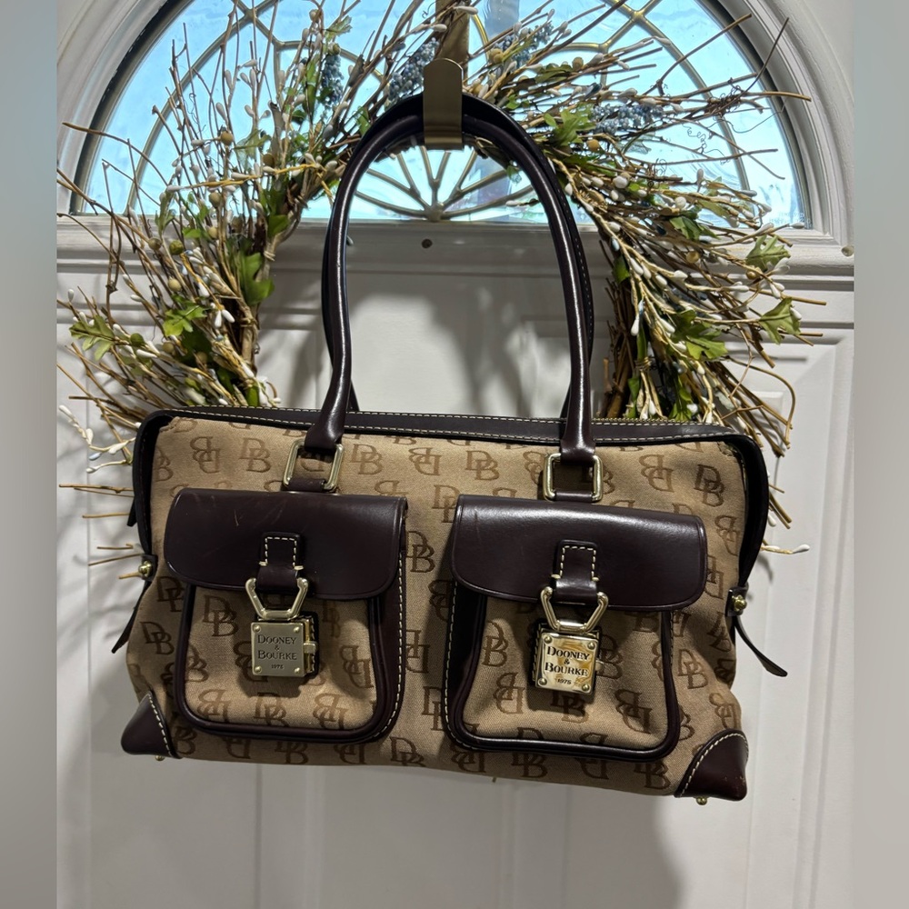Dooney & Bourke Brown Designer Handbag with Logo Pattern